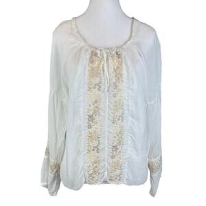 J. Jill Floral Embroidered Sheer Top Long Sleeve Tie Neck Size Medium